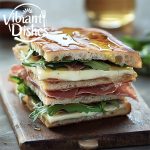 Focaccia sandwich recipe with prosciutto, brie, arugula, and honey on a wooden board.