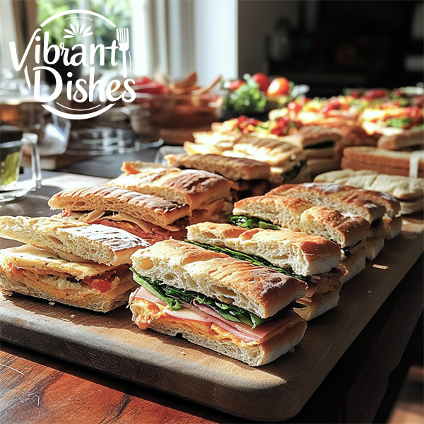 Assorted focaccia sandwiches with dips and garnishes on a party platter.