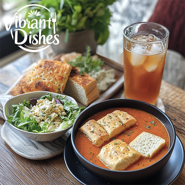 Focaccia sandwich with tomato soup, Caesar salad, and iced tea.