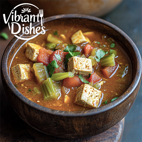 A bowl of vegan gumbo recipe featuring tofu, okra, celery, and bell peppers in a golden broth.