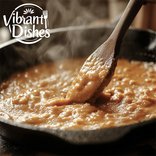 A close-up of vegan roux being stirred in a cast iron skillet with a wooden spoon.