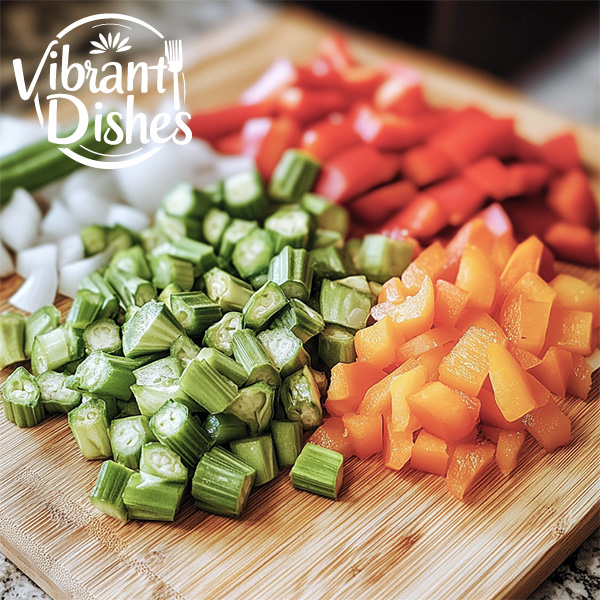 Fresh okra, diced bell peppers, and onions on a wooden cutting board.