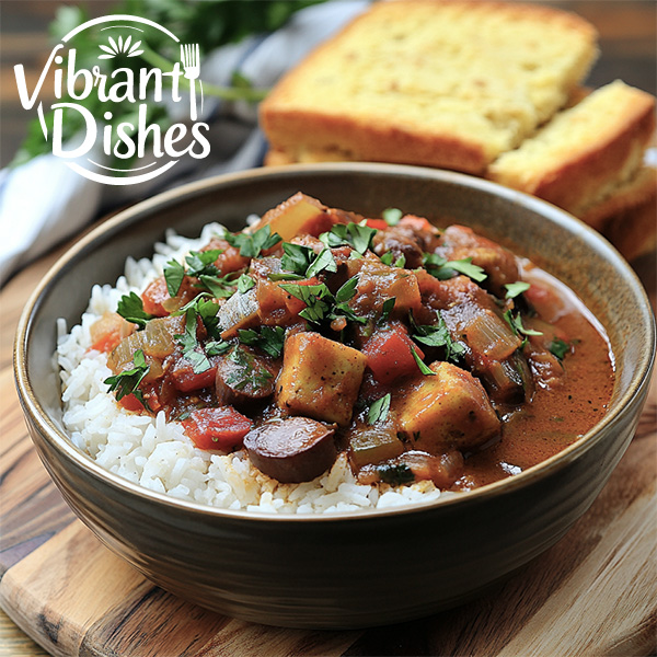 A steaming bowl of vegan gumbo served over rice, garnished with parsley, with a side of cornbread.