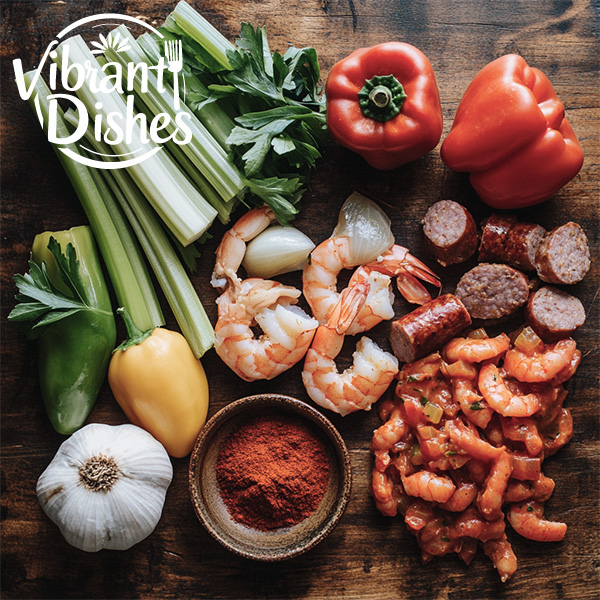 Ingredients for jambalaya pasta, including shrimp, sausage, bell peppers, and spices, arranged on a rustic wooden table.