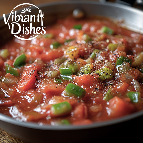 Tomato-based Cajun sauce with bell peppers, onions, and celery simmering in a skillet.