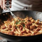 Penne pasta in creamy Cajun sauce with shrimp and sausage, garnished with parsley.