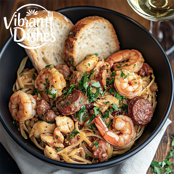 A bowl of jambalaya pasta recipe garnished with parsley, served with garlic bread and wine.