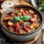 Bowl of ratatouille soup recipe with zucchini, tomatoes, and basil on a rustic table.