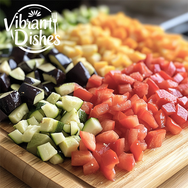 Diced zucchini, tomatoes, eggplant, and peppers on a wooden board.