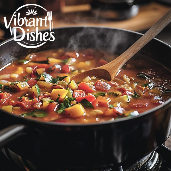 Pot of ratatouille soup being stirred with a wooden spoon.