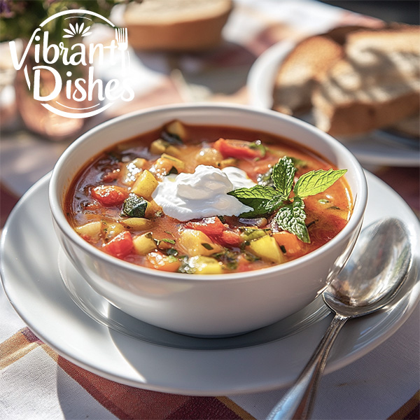 Chilled ratatouille soup with yogurt and mint garnish on a table.