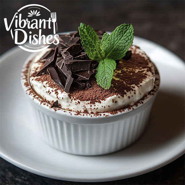 Single portion of tiramisu with grated chocolate and mint garnish.