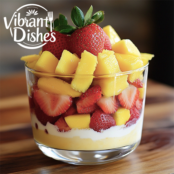 Fruit-topped tiramisu with fresh strawberries and mango slices in a glass.